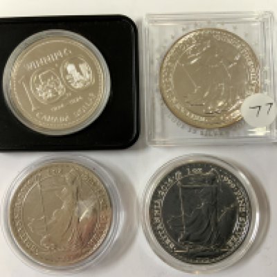 100th anniversary of the City of Winnipeg .500 silver coin together with 3 fine silver Brittanias 2 x 2019, 1 x 2013