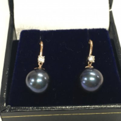 Pair of 9ct rose gold iridescent dark pearl and diamond drop earrings. Postage B