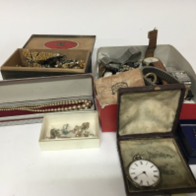 A collection of Vintage gents watches costume jewellery a pocket watch and other ornaments.