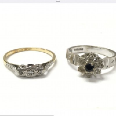 An 18ct gold diamond and platinum ring, an 18ct white gold sapphire and diamond ring. Size P, R/Q. Total 5.6g. Postage category A