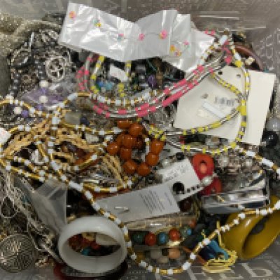 A large box of beaded and costume jewellery (D). NO RESERVE