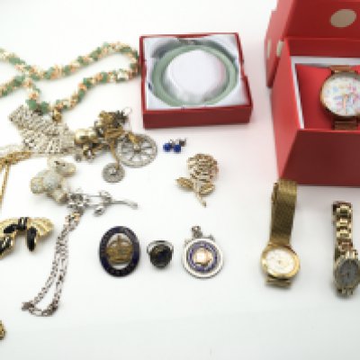 A collection of costume jewellery including a jade bangle and a cath kidston watch. Postage B. NO RESERVE