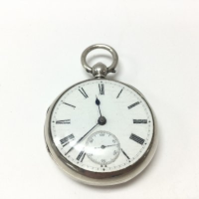 A silver cased pocket watch seen running. Approx 52mm case.