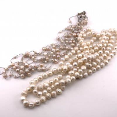 A Baroque pearl Longuard, 140cm. Together with a multi stand pearl silver wire necklace (A)