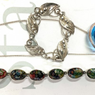 Sterling silver leaf bracelet, millefiori and sterling silver bracelet, glass pendant. (A)
