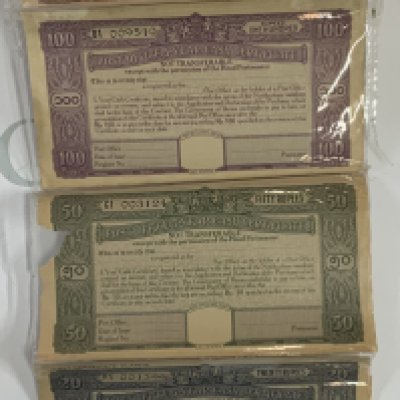 Burma (Myanmar), 1945, Post Office Cash Certificates (Set of 10, 20, 50, 100, 500, 1000 Rupees),&nbsp;POST OFFICE 5 YEAR CASH-WAR SAVINGS,&nbsp;unused certificate printed on GOVT.&nbsp;OF BURMA,&nbsp;watermarked paper, poor condition. (A)