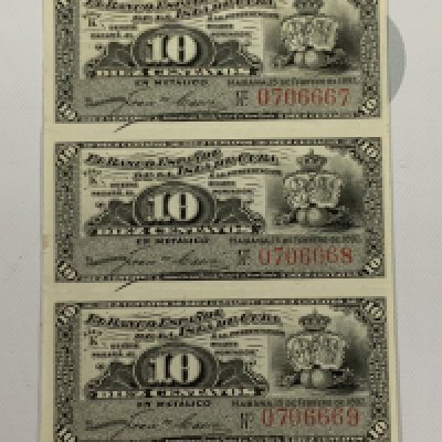1897 El Banco Espanol FIVE Uncut Consecutive serial, 10 Ctvs. (A)