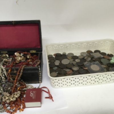 A tray containing mixed used circulated coinage mainly second half of the 20th century and a box containing Vintage costume jewellery including pearl and amber necklaces.