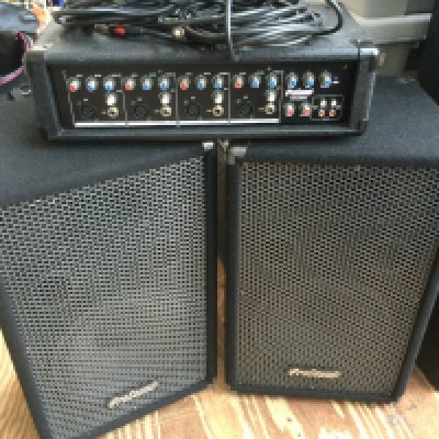 A Pro Sound N73HH 4 channel amplifier head and a pair of Pro Sound speakers plus a large SW15 Wharfedale subwoofer (4). Comes with some leads.  <a href="https://www.the-saleroom.com/en-gb/auction-catalogues/staceys-auctioneers-and-valuers/catalogue-id-srsta10351/lot-592003ea-7ba0-4e51-a39f-b241011521bf"> Click Here to Register to bid </a>