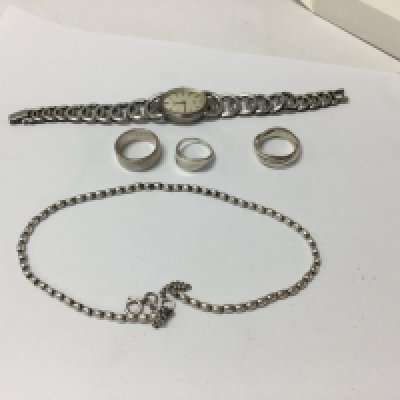 A collection of silver items including watche three rings and necklace. NO RESERVE