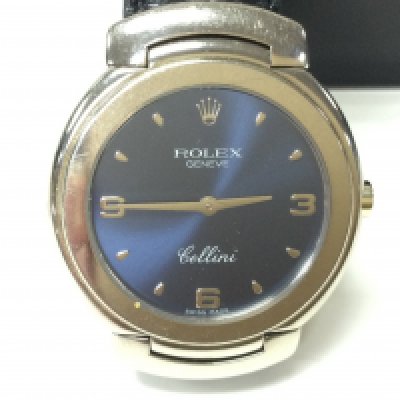 Rolex Cellini gents watch. Ref 6623. 18k White gold case with blue dial and black leather strap. Box and paperwork. Paperwork dates watch to 2003. (A)