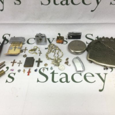 A small collection of costume jewellery including a 9ct gold crucifix, a mesh purse, lighters etc. Shipping category B.
