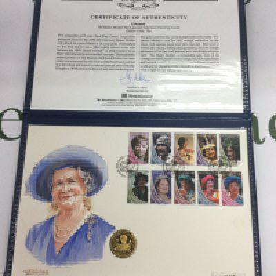 A limited edition Queen Mother &Acirc;&pound;50 coin in 24kt gold and first day cover. Shipping category A.