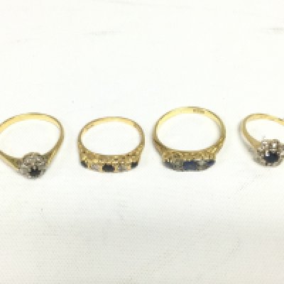 Four 18ct gold rings se with diamonds and sapphires, approx total weight 9.6g. Shipping category A.