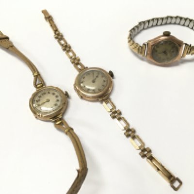 9ct gold ladies watches with stainless steel, leather, rolled gold straps. 50.4g total weight . Postage category A