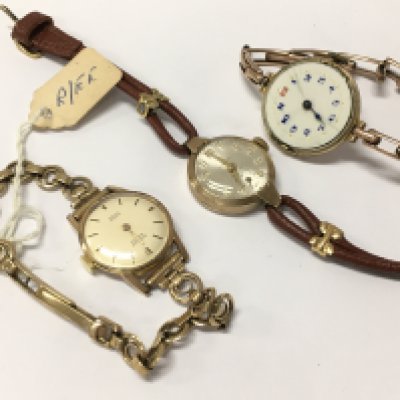 3 Vintage ladies 9 carat gold watches , two with 9ct gold straps. Total weight 45g Postage category A