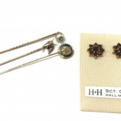 Stick pins and 9ct gold earrings , 2.4g total weight. Postage category A