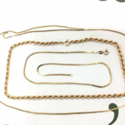 Three gold chains, approx total weight 20g. Shipping category A.