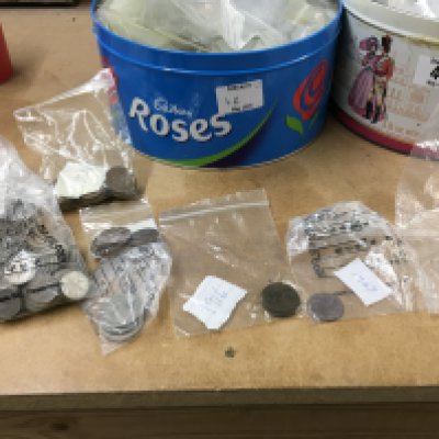 2 tins containing coinage various including pre 1947 together with tokens