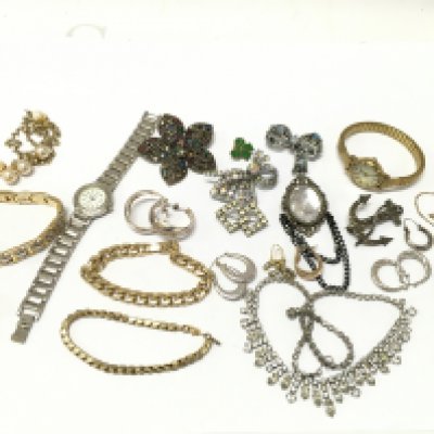 A collection of costume jewellery including watches, earrings, necklaces, 9ct gold earrings etc . Postage category A