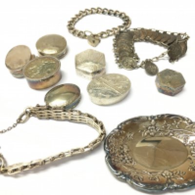 Mixed silver collection including pill boxes, bracelets, dish. Postage category A