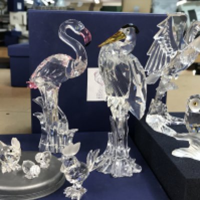 Swarovski bird figures including Heron, flamingo, chickens, owl and eagle- all boxed