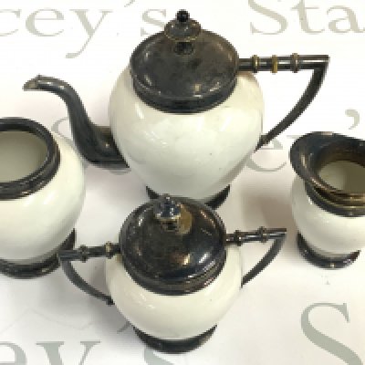 A white porcelain and silver plated Teapot, Cream, Sugar and tea canister (no lid). (D)