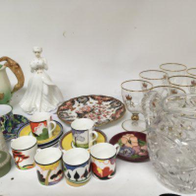 A collection of glass and ceramics a limited edition summerhouse coffee set Derby plate a set of Elizabeth II wine glasses a small Moorcroft dish Royal Crown Derby plate and other items.