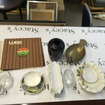A Collection of assorted items including a Royal Worcester vintage car plate and cup, brass duck bowl, West German vase, collector of Vinyl records including Sister sledge, Tom Scott, Ray Martin, large silver plate tray.