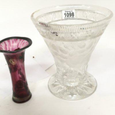 A Quality cut glass and acid and wheel cut vase and an art vase maker Laugharne. No obvious damage large vase Hight 22.5cm