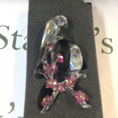 Swarovski Crystal glass figure group, Tutelary Spirit Loving Magpies. Incomplete box. 18cm tall. This lot cannot be posted