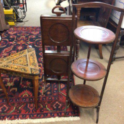 Two Mahogany cake stands one with adjustable central pull square tiers the other round folding and an Italian rectangle shaped musical table (3)