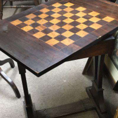 A William IV rosewood games table work workbox for restoration with a hinged top.