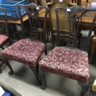 A pair of Quality Late George III mahogany dining chairs with pierced backs and upholstered seats on cabriol legs and ball and claw feet. and two other pairs of mahogany dining chairs (6)