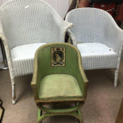 Two white Lloyd Loom chair and a conforming green childs chair (3)