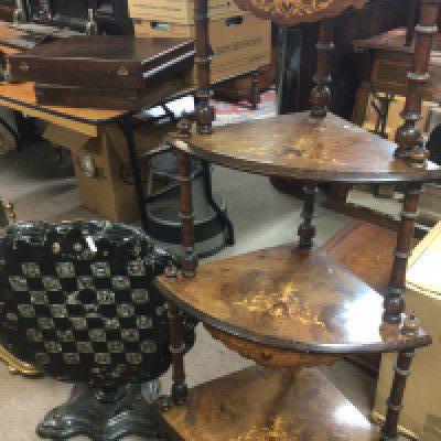 A Victorian burr walnut corner whatnot stand and a Victorian paper mache table (2)