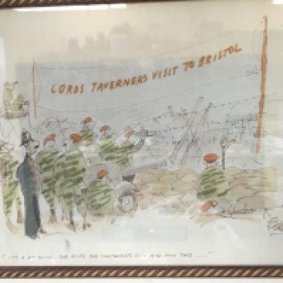 A framed watercolour sketch, The Lords Taverners visit to Bristol. Dimensions 37x30cm This lot cannot be posted