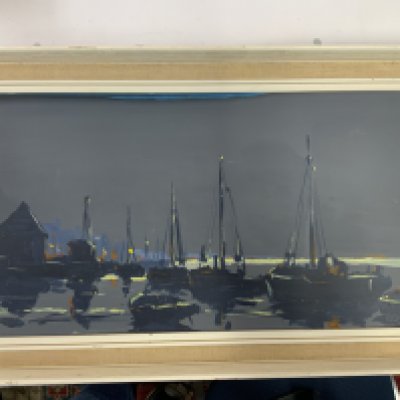 WITHDRAWN - A Vic Ellis oil on canvas a view of old Leigh at night (69cm x 39cm)