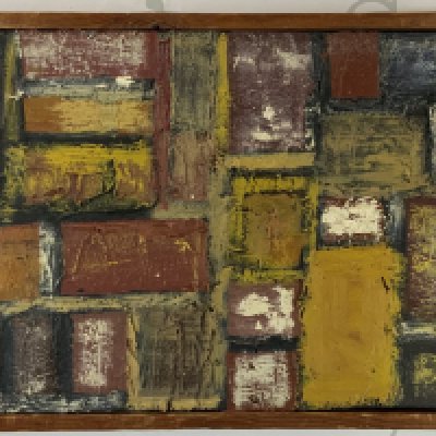 A small abstract acrylic on board painting. (54cm x 23.5cm). (B)