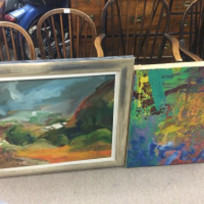 A Framed oil on canvas abstract painting of a landscape view and an abstract oil on canvas by Jenny Stadler titled Days & Nights in the Blue Lagoon 1989 dimensions, 78x60cm. This lot cannot. E posted