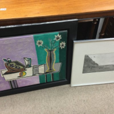 A framed modern art still life oil painting and an interesting framed Beatles fans on a beach Ringo Paul print dimensions 75x67, 52x52cm approximately