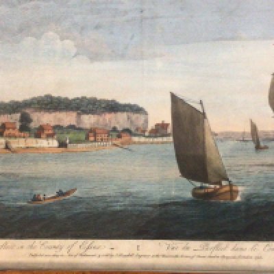 Two interesting 18th century maple framed coloured prints A view of the coat Perfleet Essex and the Mansion at Lambeth The Archbishop of Canterburys Palace.57x45cm and 50x35cm (2)