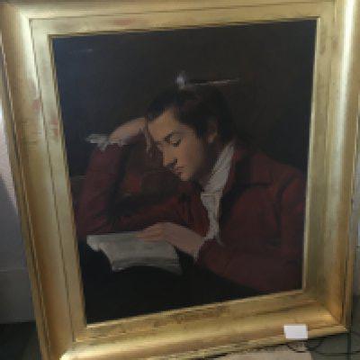 A 19th century oil painting portrait of a gentleman reading literature in a gilt frame. Canvas damaged. Study of Patrick Moir born 1769 died 1810.unsigned. 98x83cm