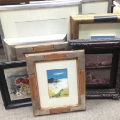 A Collection of framed artwork including a small oil on canvas still life painting depicting dead roses, nude sketches etc. this lot cannot be posted