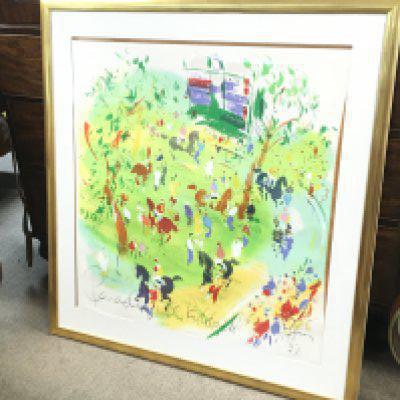 A large framed Jack Sutton lithograph watercolour depicting a horse show. Frame size 97x103cm