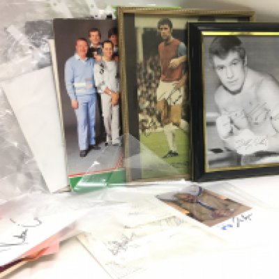 A Collection of autographs of famous athletes including Henry Cooper, Jackie Stewart, Chris Eubank, Justin Fashanu, Vinny Jones, Torville & Dean, Gary Lineker, Steve Davis, George Best, Frank Bruno and many more. Postage category C
