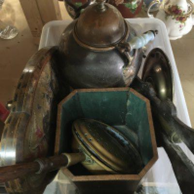 A box of oddments including brass charger, samovar, map, bed pan etc. this lot cannot be posted. NO RESERVE