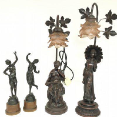 Art Nouveau style bronzed spelter lady figures including lamps. 35 and 62cm tall. This lot cannot be posted