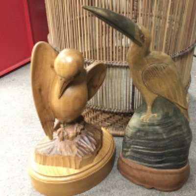 Carved wooden bird figures including a pelican. 29 and 37cm tall. Postage category C. NO RESERVE