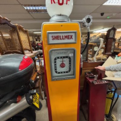 A vintage 1950s Avery Hardoll Model 101 Petrol Pump in Shell Livery with reproduction globe